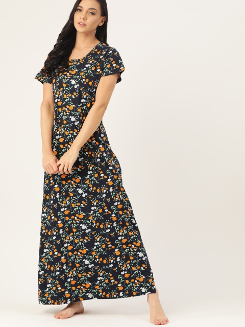 

ETC Navy Blue & Orange Floral Printed Pure Cotton Knitted Maxi Nightdress