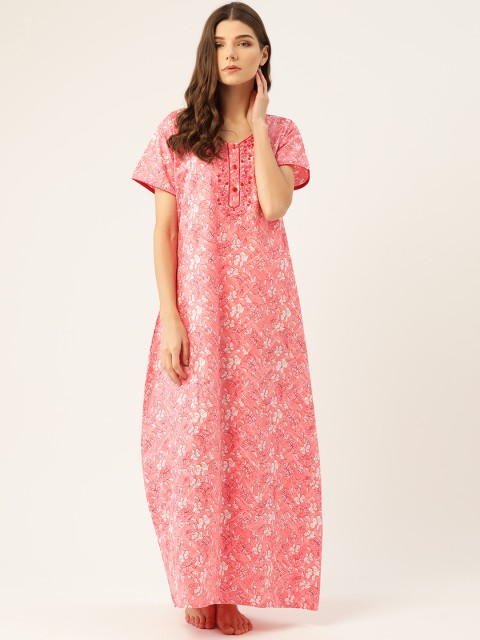 

ETC Peach-Coloured & White Ethnic Motifs Print Pure Cotton Maxi Nightdress