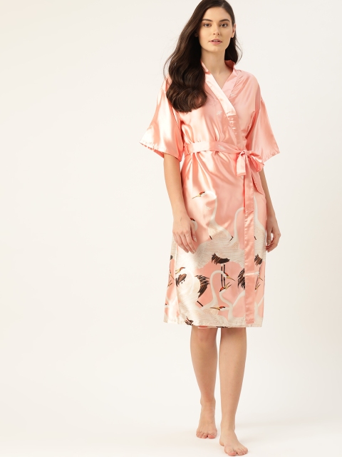 

ETC Women Peach-Coloured & Beige Satin Finish Printed Robe