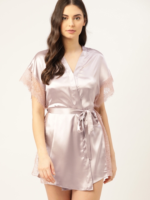 

ETC Women Mauve Solid Satin Finish Robe with Belt