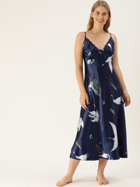 

ETC Navy Blue & Off-White Satin Finish Bird Printed Nightdress