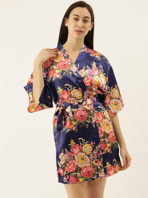 

ETC Women Navy Blue & Yellow Floral Print Satin Finish Robe with Belt