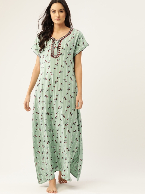 

ETC Sea Green & Maroon Floral Printed Maxi Nightdress
