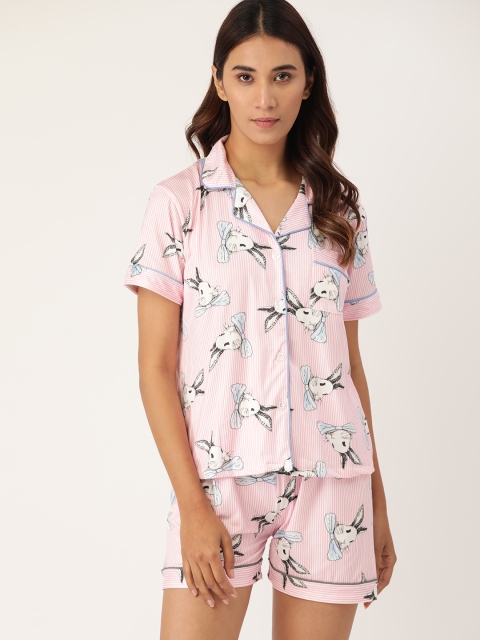 

ETC Women Pink & White Striped & Bunny Printed Night suit