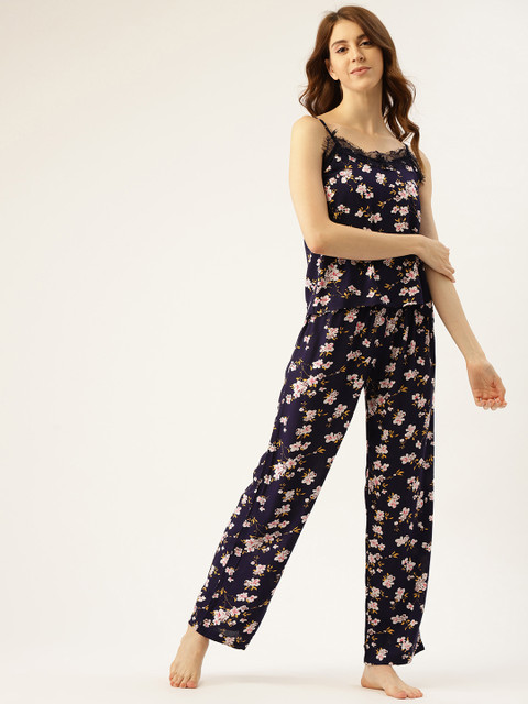 

ETC Women Navy Blue & Pink Floral Print Night Suit