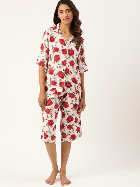 

ETC Women White & Red Floral Printed Night Suit