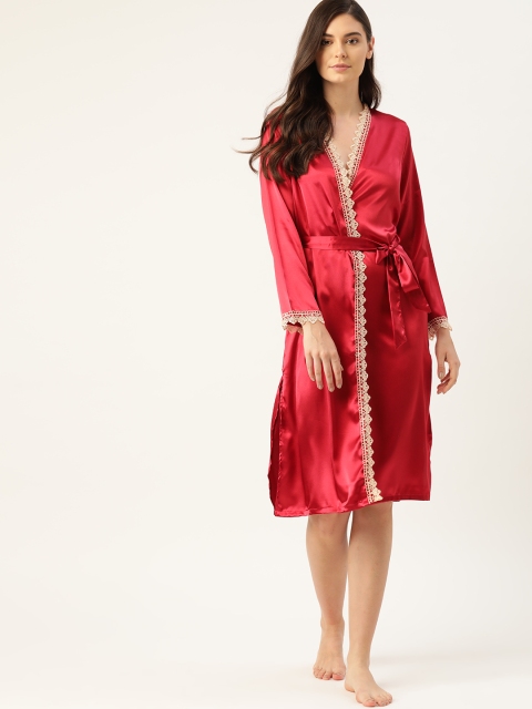 

ETC Women Red Satin Finish Solid Wrap Robe With Belt