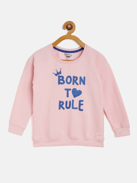 

Eteenz Girls Peach-Coloured & Blue Shimmer Typography Print Pure Cotton Sweatshirt