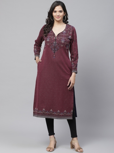 

Biba Women Maroon & Black Printed Straight Kurta