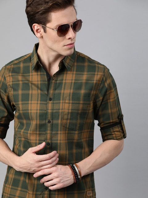 Men Olive Green & Mustard Yellow Checked Pure Cotton Casual Sustainable Shirt