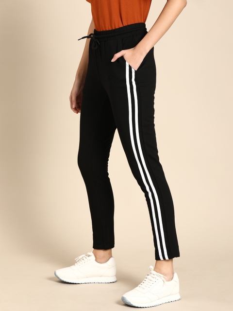 

ether Women Black Pure Cotton Solid Crop Track Pants with Side Stripe Detail