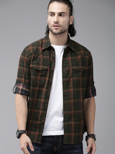 

Roadster Men Olive Green & Red Regular Fit Checked Casual Shirt