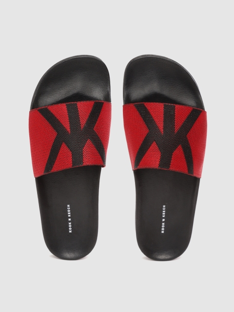 

Kook N Keech Men Red & Black Brand Logo Pattern Sliders