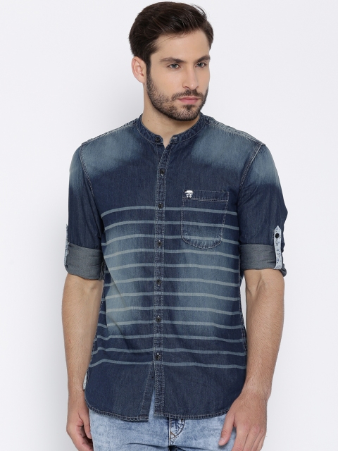 

John Players Navy Striped Trim Fit Denim Shirt, Navy blue