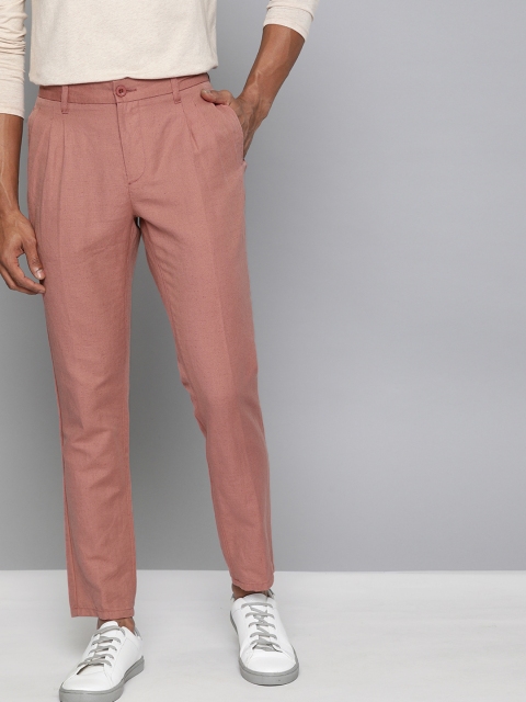 

Mast & Harbour Men Rust Pink Slim Fit Solid Regular Pleated Linen Trousers