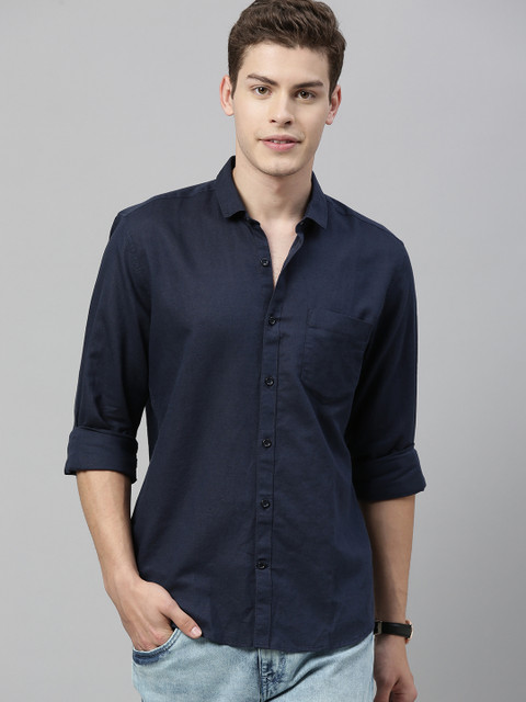 

Mast & Harbour Men Navy Blue Regular Fit Solid Casual Linen Shirt