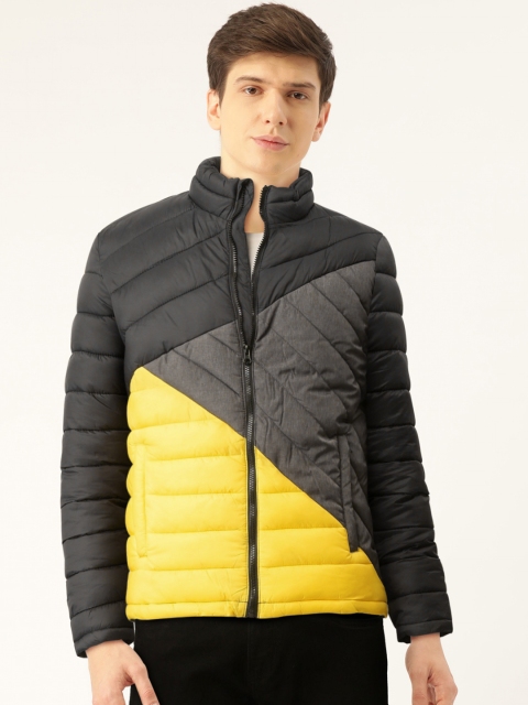 

Flying Machine Men Black & Yellow Colourblocked Quilted Jacket