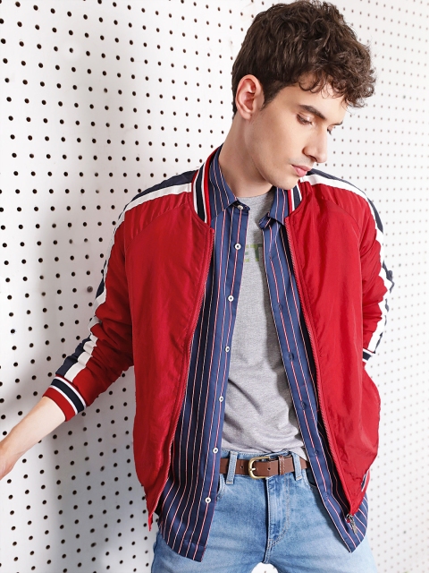 

Flying Machine Men Red Solid Lightweight Bomber with Side Stripes