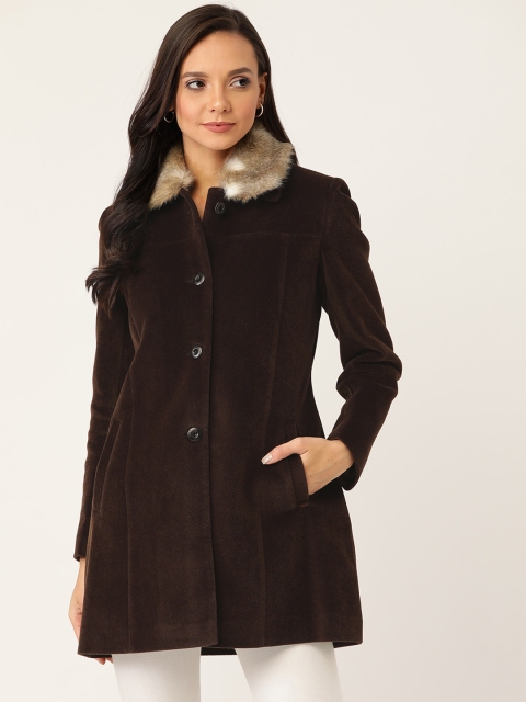 

Okane Women Coffee Brown Velvet Finish Solid Coat