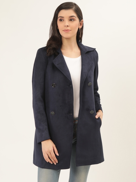 

Okane Women Navy Blue Solid Suede Finish Trench Coat
