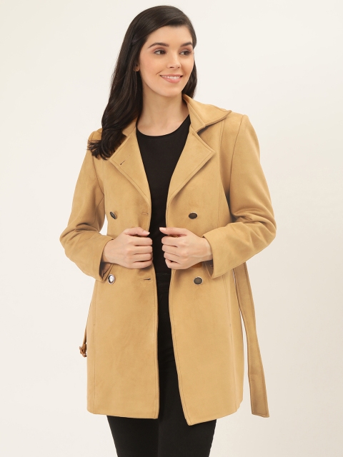 

Okane Women Beige Solid Suede Finish Trench Coat