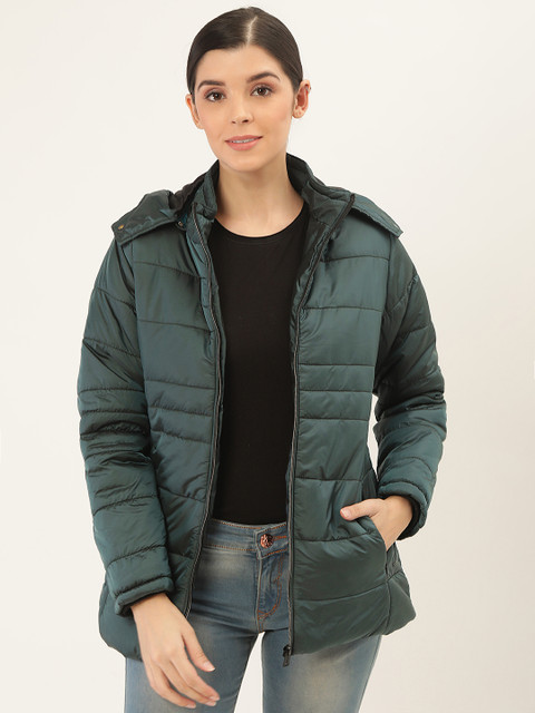 

Okane Women Teal Green Solid Padded Hooded Jacket