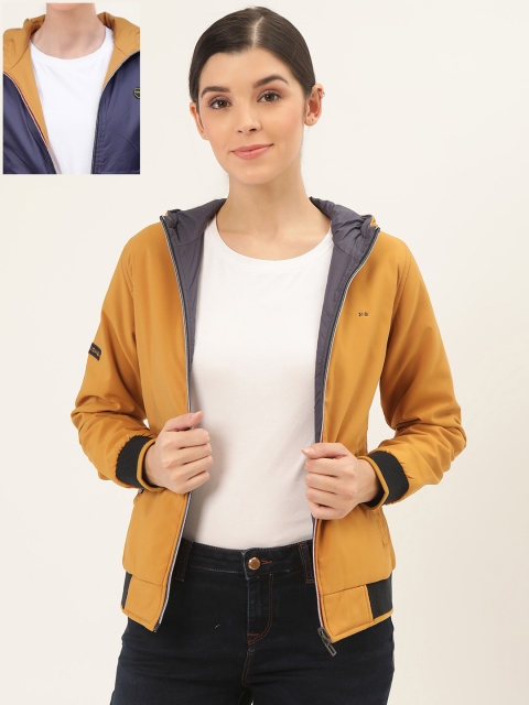 

Okane Women Mustard Yellow & Navy Blue Solid Hooded Reversible Bomber Jacket
