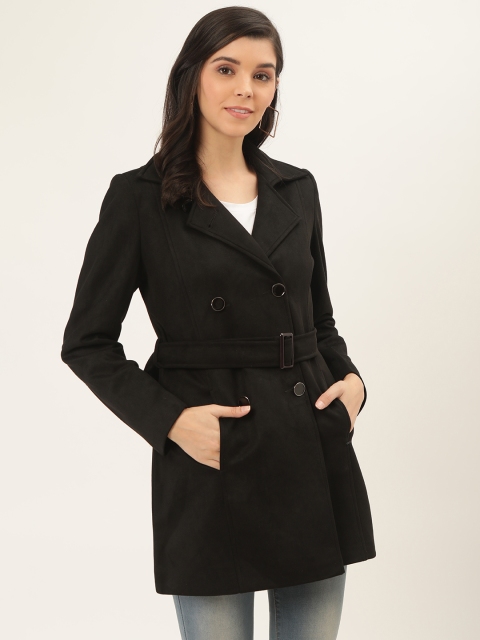 

Okane Women Black Solid Suede Finish Trench Coat