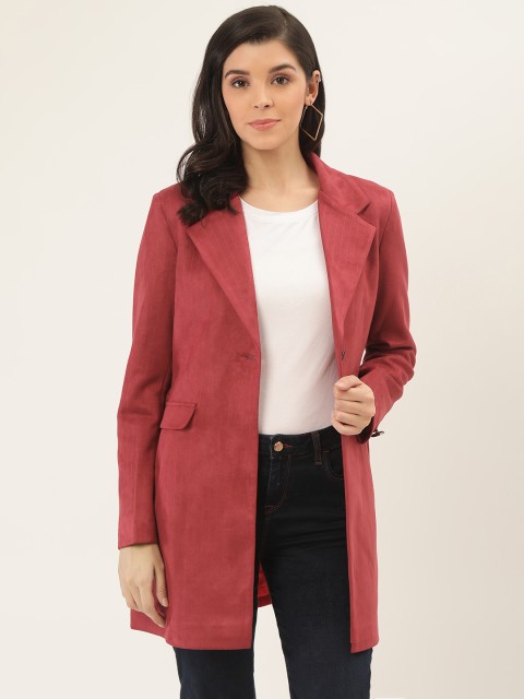 

Okane Women Red Solid Suede Finish Overcoat
