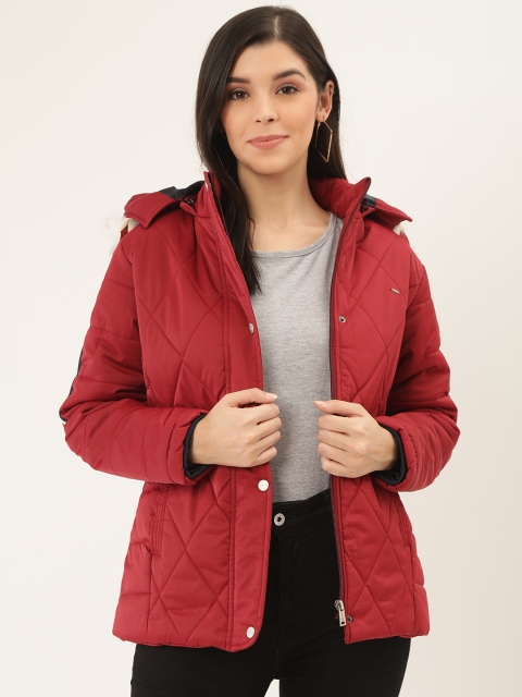 

Okane Women Maroon Solid Quilted Parka Jacket with Detachable Hood