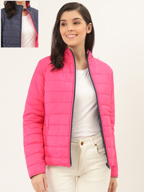 

Okane Women Pink & Navy Blue Solid Reversible Padded Jacket