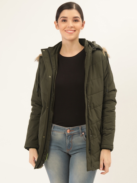 

Okane Women Olive Green Solid Parka Jacket