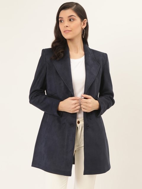 

Okane Women Navy Blue Solid Suede Finish Trench Coat