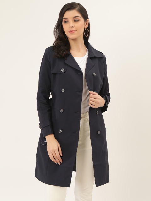 

Okane Women Navy Blue Solid Trench Coat