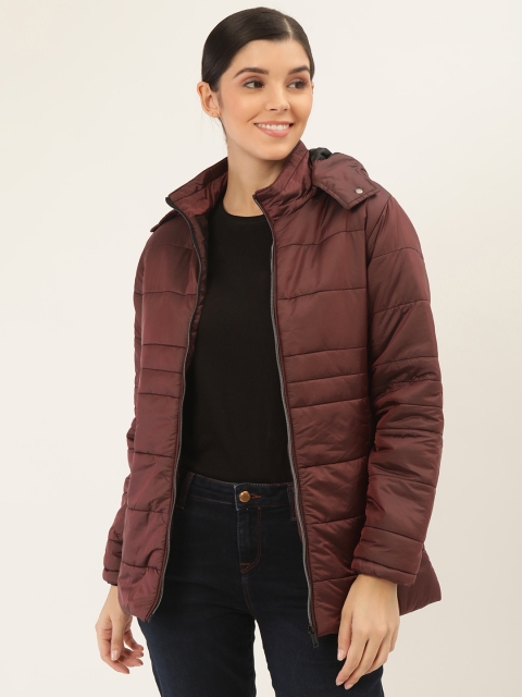 

Okane Women Burgundy Solid Padded Jacket with Detachable Hood