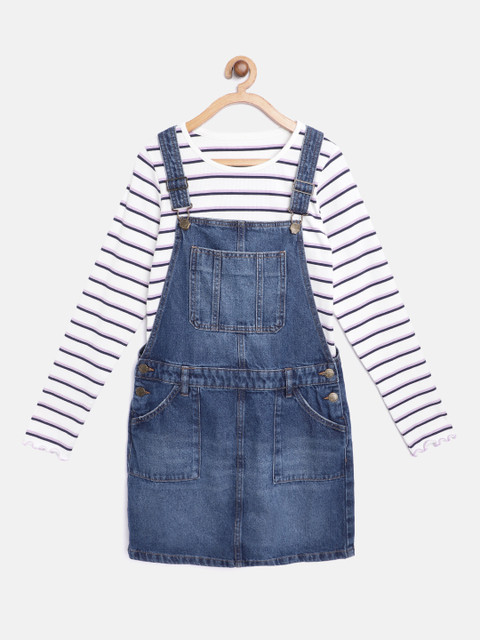 

Marks & Spencer Girls Blue Denim Faded Sustainable Pinafore Dress with T-shirt