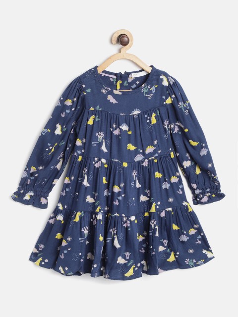 

Marks & Spencer Girls Navy Blue & Yellow Dinosaur Print Tiered A-Line Dress