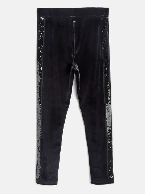 

Marks & Spencer Girls Black Velvet Finish Ankle Length Leggings with Sequinned Side Taping
