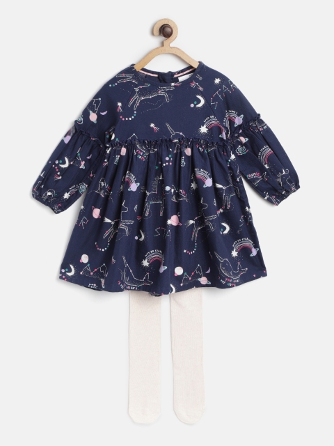 

Marks & Spencer Girls Navy Blue Printed Fit & Flare Dress with Stockings