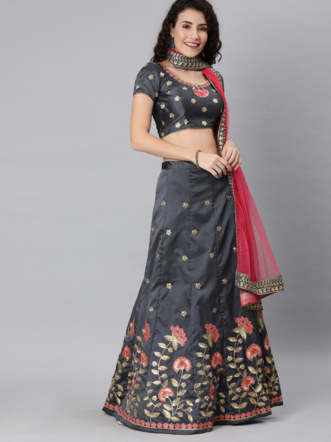 

Mitera Grey & Pink Embroidered Semi-Stitched Lehenga & Unstitched Blouse with Dupatta