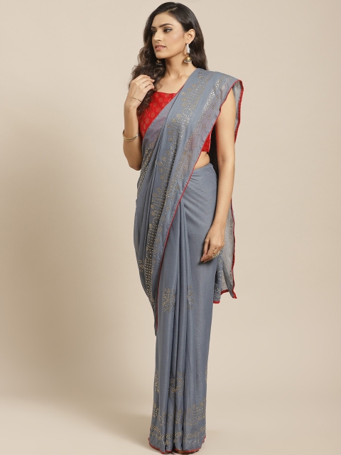 

Saree mall Grey & Golden Mukaish Work Poly Chiffon Embellished Saree