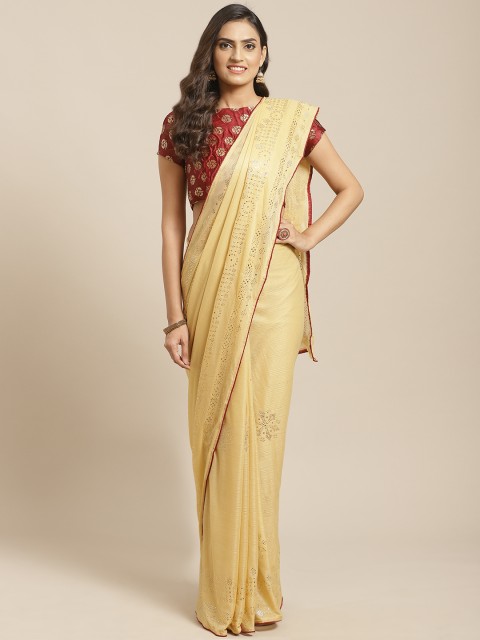 

Saree mall Beige & Golden Mukaish Work Poly Chiffon Embellished Saree
