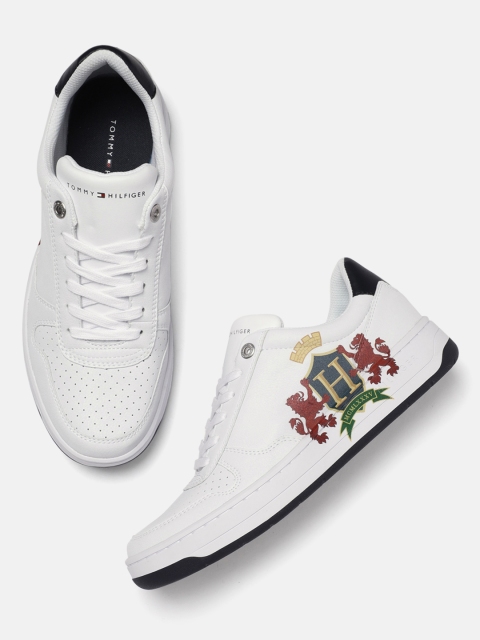 

Tommy Hilfiger Men White Printed BASKET LOW CREST CUPSOLE Leather Sneakers