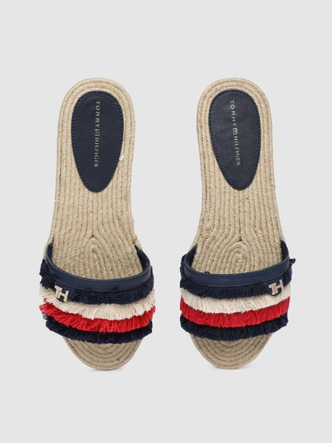 

Tommy Hilfiger Women Navy Blue & Red Striped Fabric Open Toe Flats