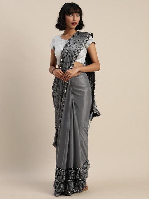 

Silk Bazar Grey Solid Voile Sequined Ruffled Saree