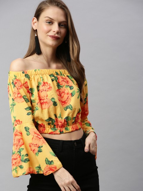 

RHHENSO Women Yellow Printed Bardot Top