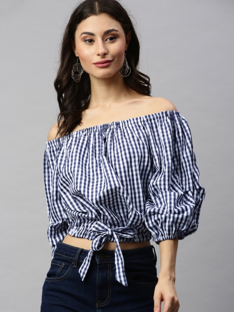 

RHHENSO Women Navy Blue & White Checked Vegan Waist Tie-up Cropped Bardot Top