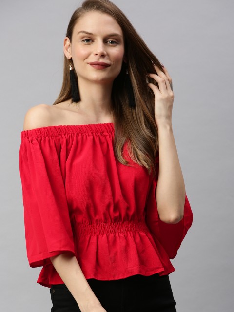 

RHHENSO Women Red Solid Bardot Top