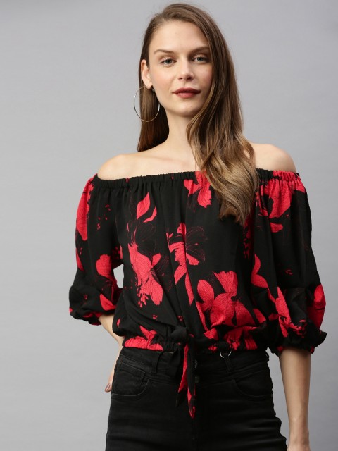 

RHHENSO Women Black & Red Printed Cinched Waist Top