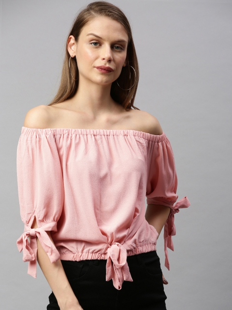 

RHHENSO Women Pink Solid Vegan Waist Tie-Up Bardot Top